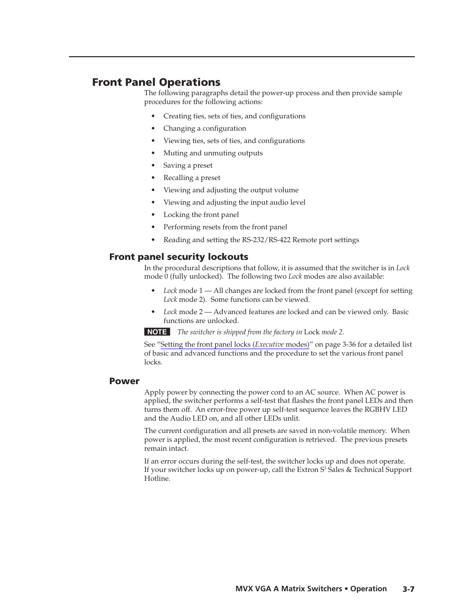 Front panel operations, Front panel security lockouts, Power | Front.panel.security.lockouts -7 power -7, Preliminar y | Extron Electronics MVX VGA A User Guide User Manual | Page 30 / 107