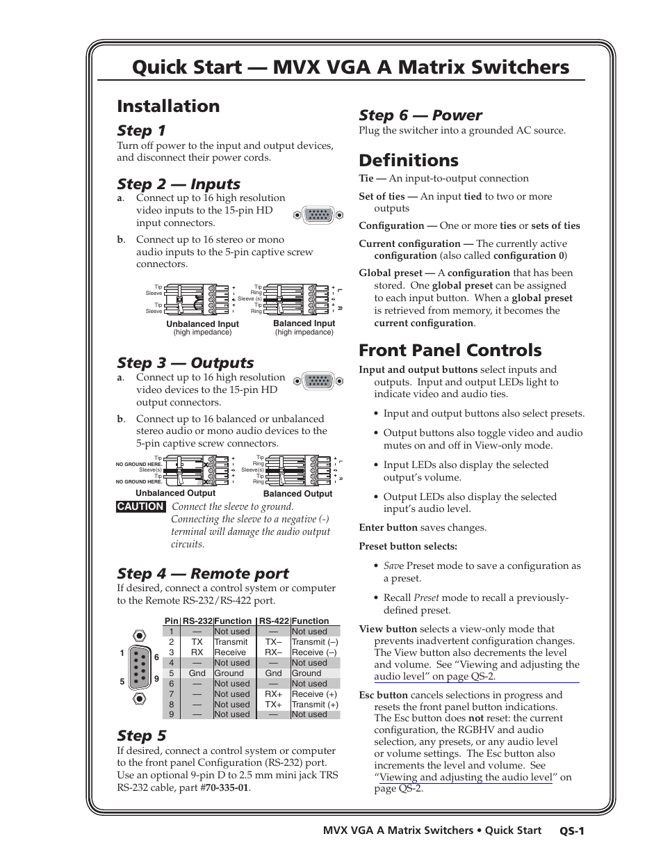 Quick start, Preliminar y, Quick start — mvx vga a matrix switchers | Installation, Definitions, Front panel controls, Step 1, Step 2 — inputs, Step 3 — outputs, Step 4 — remote port | Extron Electronics MVX VGA A User Guide User Manual | Page 4 / 107