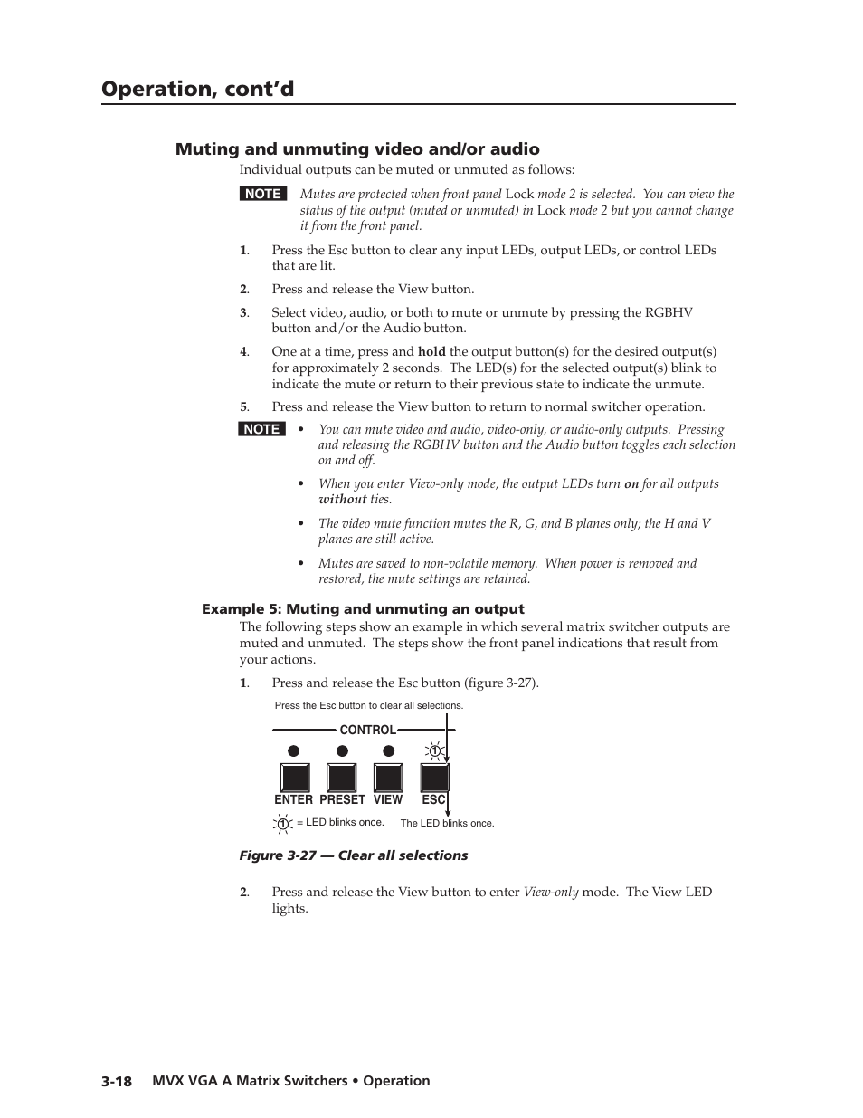 Muting and unmuting video and/or audio, Example 5: muting and unmuting an output, Muting.and.unmuting.video.and/or.audio -18 | Example.5:.muting.and.unmuting.an.output -18, Preliminar y, Operation, cont’d | Extron Electronics MVX VGA A User Guide User Manual | Page 41 / 107
