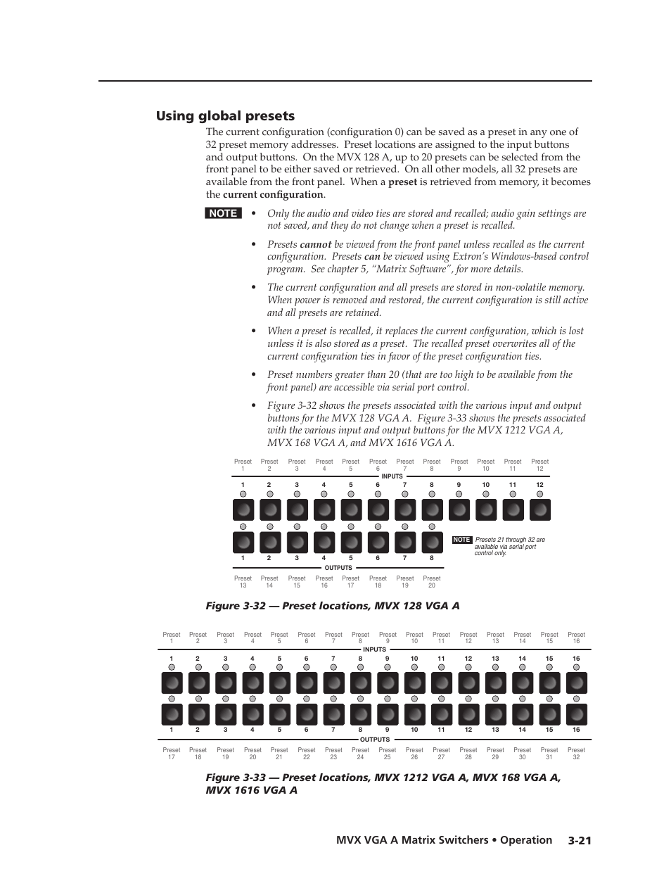 Using global presets, Using.global.presets -21, Preliminar y | 21 mvx vga a matrix switchers • operation | Extron Electronics MVX VGA A User Guide User Manual | Page 44 / 107