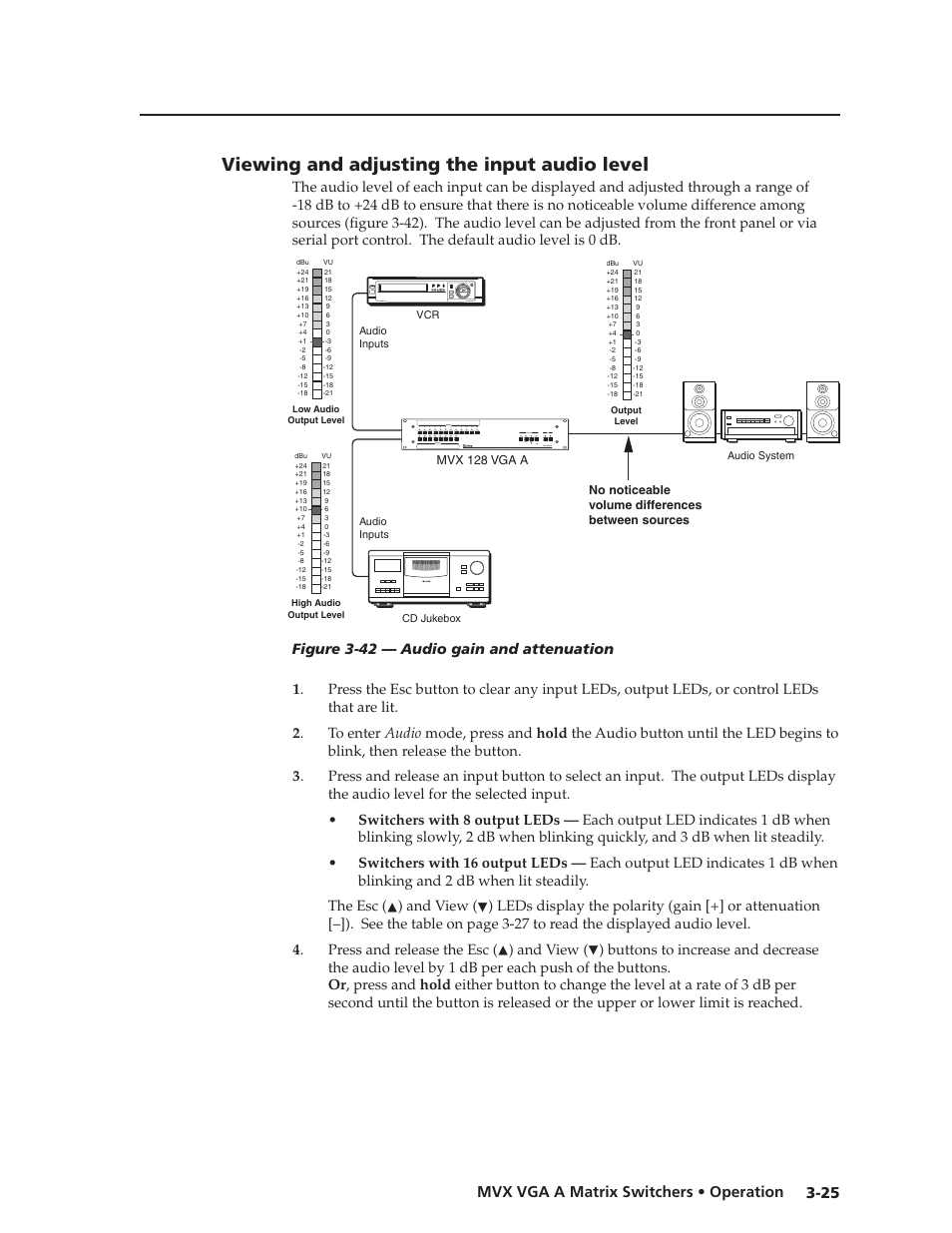 Viewing and adjusting the input audio level, Viewing.and.adjusting.the.input.audio.level -25, Preliminar y | 25 mvx vga a matrix switchers • operation | Extron Electronics MVX VGA A User Guide User Manual | Page 48 / 107