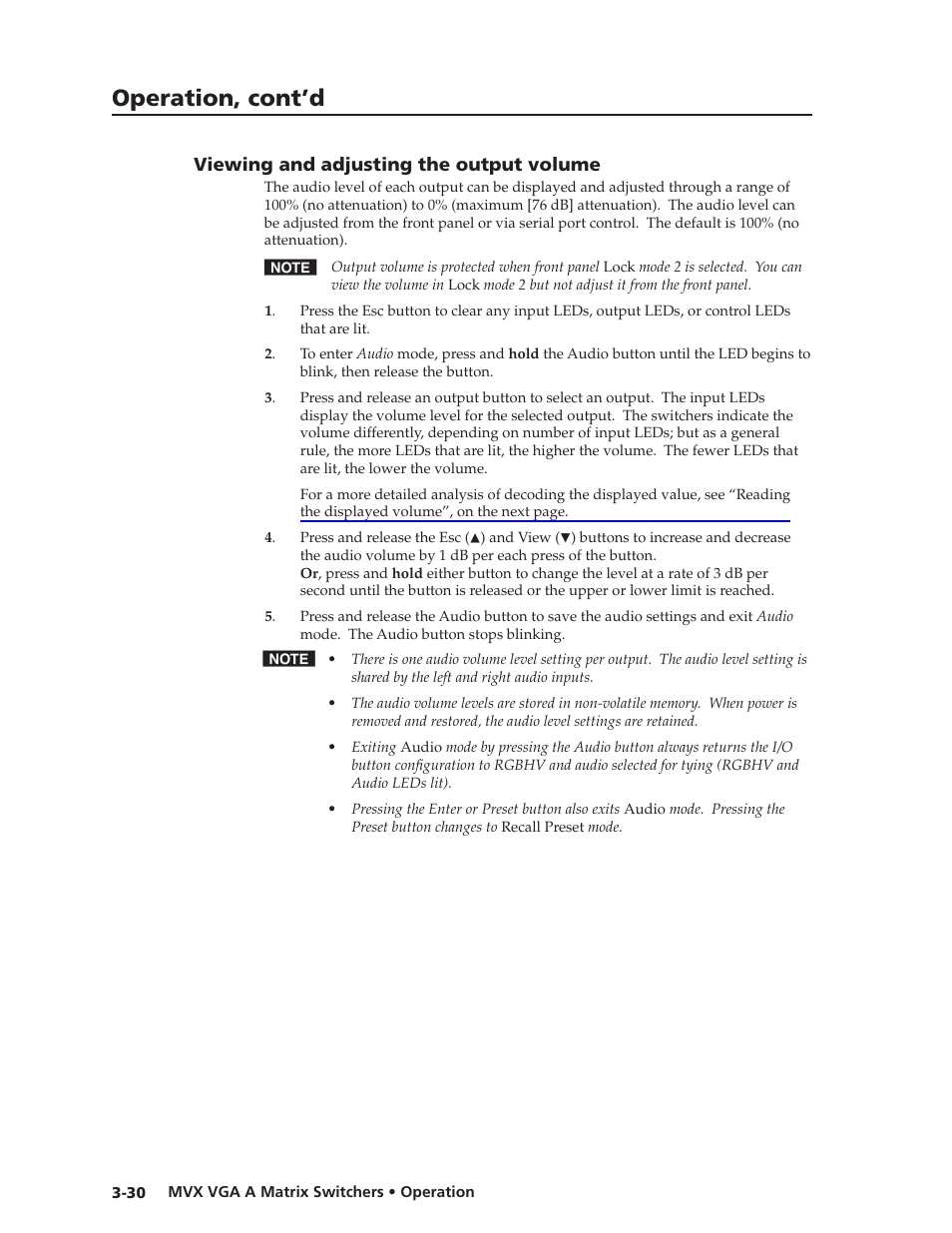 Viewing and adjusting the output volume, Viewing.and.adjusting.the.output.volume -30, Preliminar y | Operation, cont’d | Extron Electronics MVX VGA A User Guide User Manual | Page 53 / 107