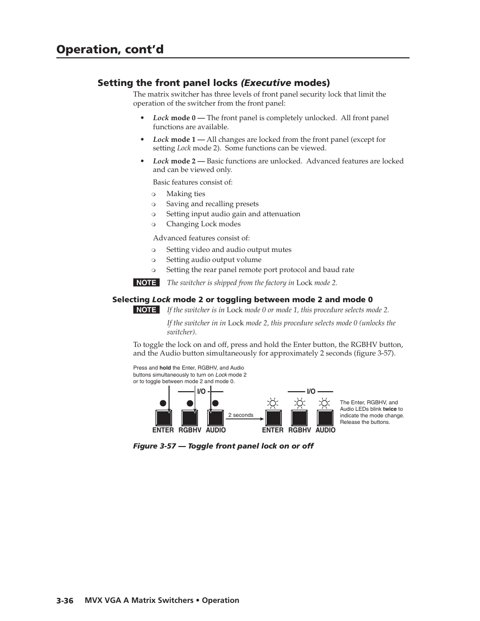 Setting the front panel locks (executive modes), Setting the front panel locks ( executive modes), Preliminar y | Operation, cont’d | Extron Electronics MVX VGA A User Guide User Manual | Page 59 / 107