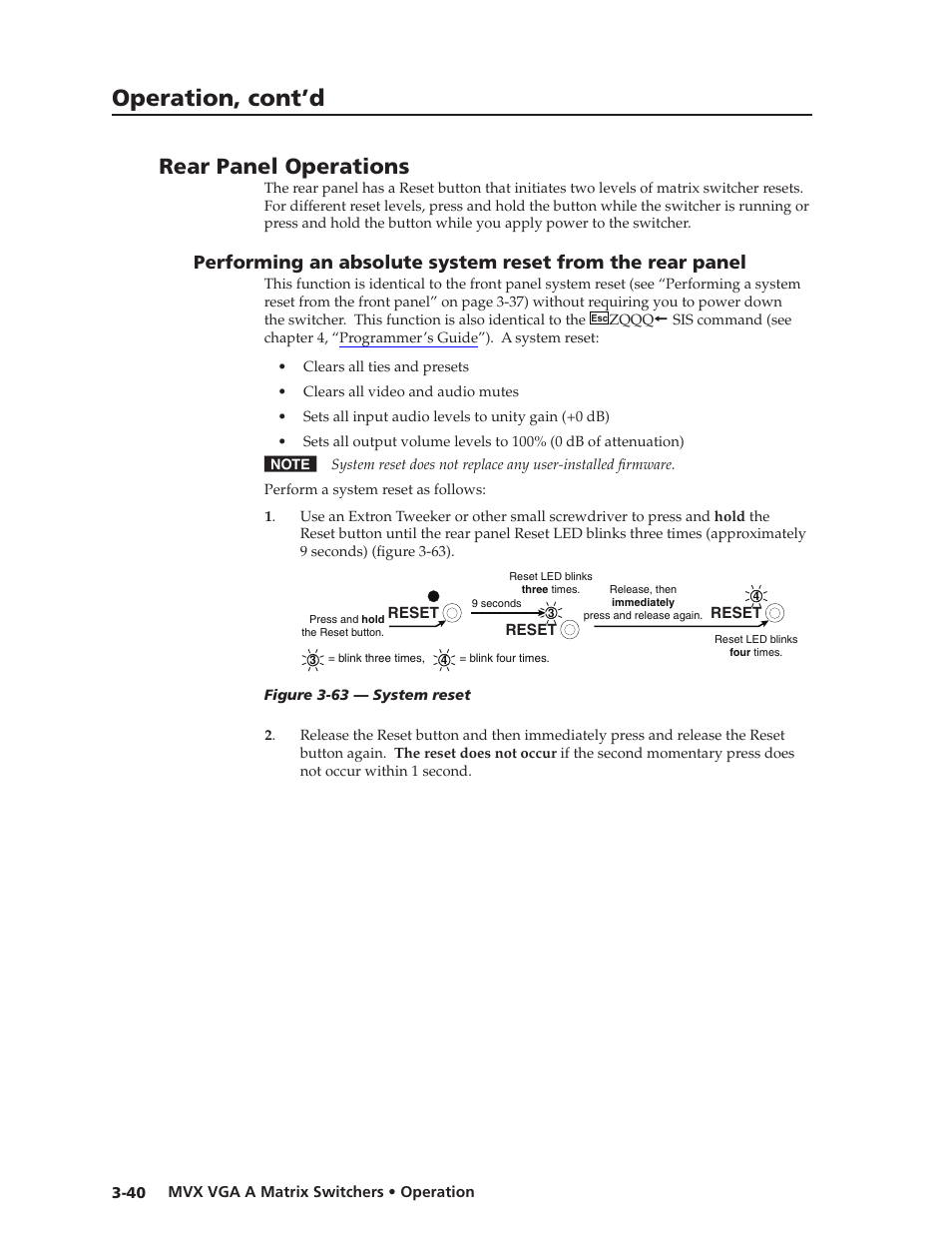 Rear panel operations, Preliminar y, Operation, cont’d | Extron Electronics MVX VGA A User Guide User Manual | Page 63 / 107