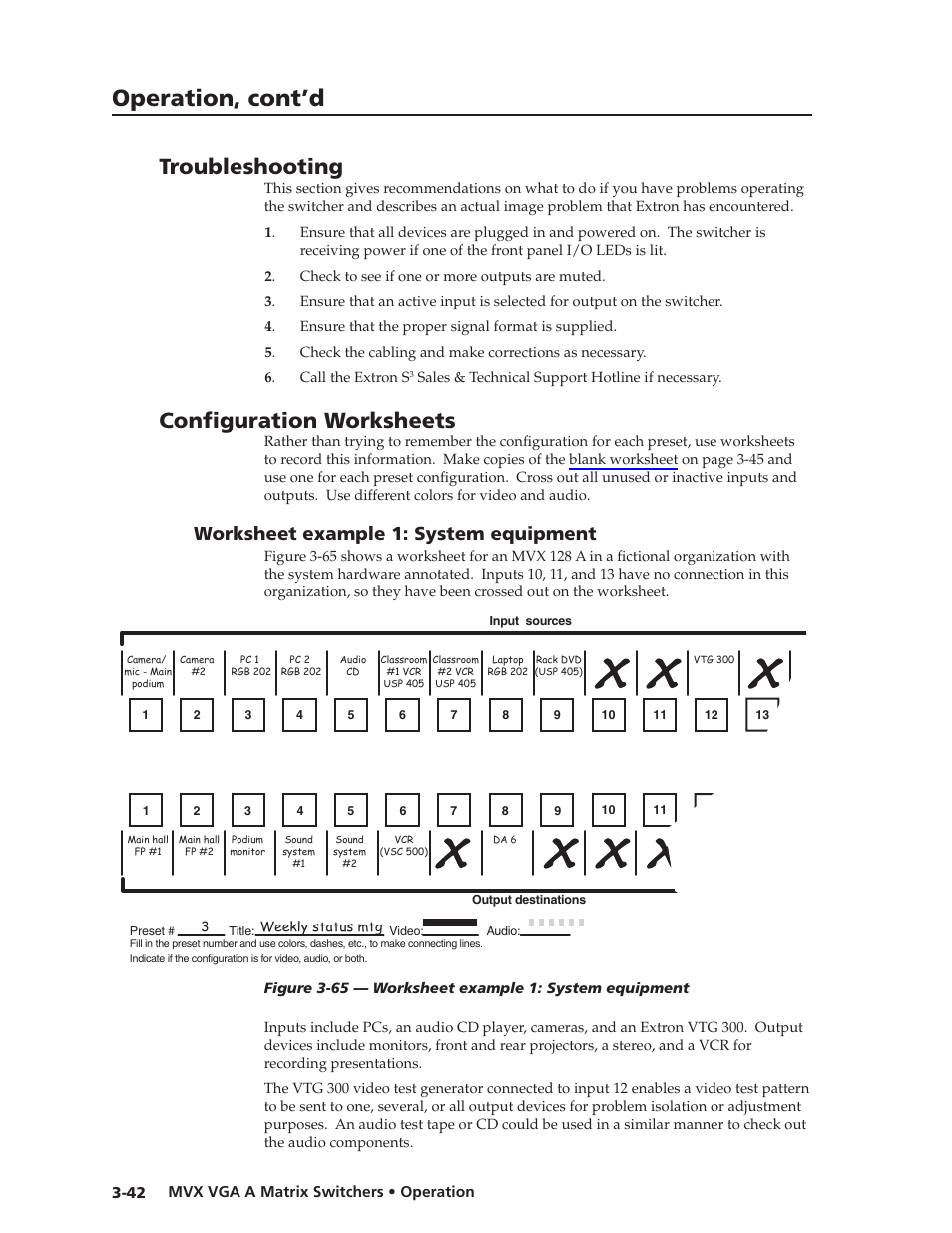 Troubleshooting, Configuration worksheets, Worksheet example 1: system equipment | Worksheet.example.1:.system.equipment -42, Preliminar y, Operation, cont’d | Extron Electronics MVX VGA A User Guide User Manual | Page 65 / 107