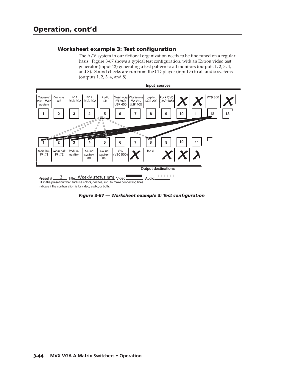 Worksheet example 3: test configuration, Worksheet.example.3:.test.configuration -44, Preliminar y | Operation, cont’d | Extron Electronics MVX VGA A User Guide User Manual | Page 67 / 107