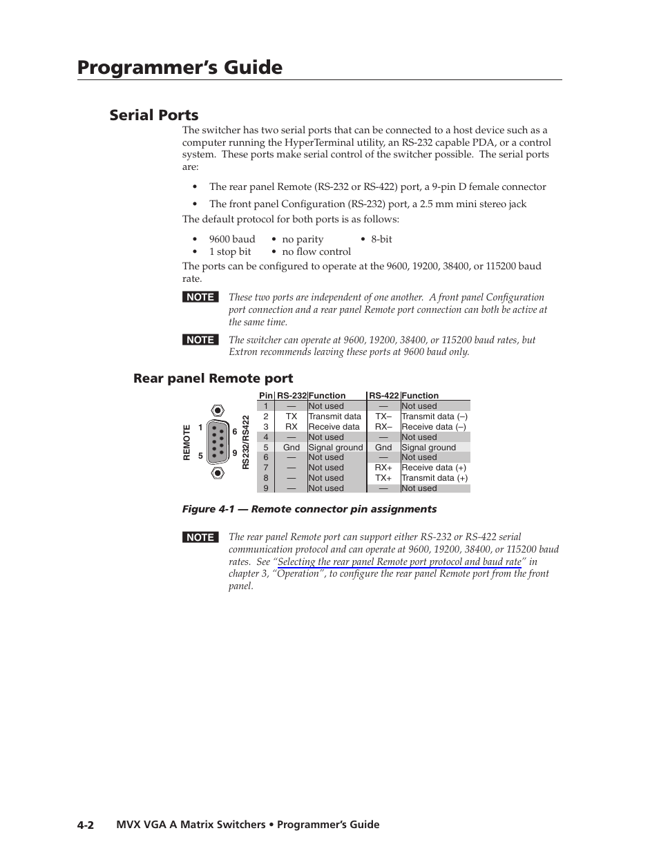 Serial ports, Rear panel remote port, Rear.panel.remote.port -2 | Programmer’s guide, Or serial port control. see chapter 3, Chapter 4, “programmer’s, Preliminar y | Extron Electronics MVX VGA A User Guide User Manual | Page 71 / 107