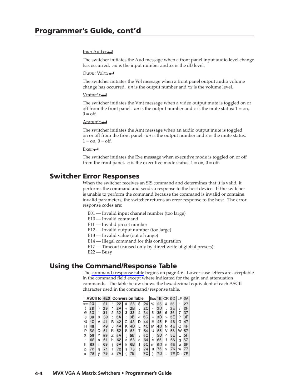 Switcher error responses, Using the command/response tables, Using the command/response table | Preliminar y, Programmer’s guide, cont’d | Extron Electronics MVX VGA A User Guide User Manual | Page 73 / 107