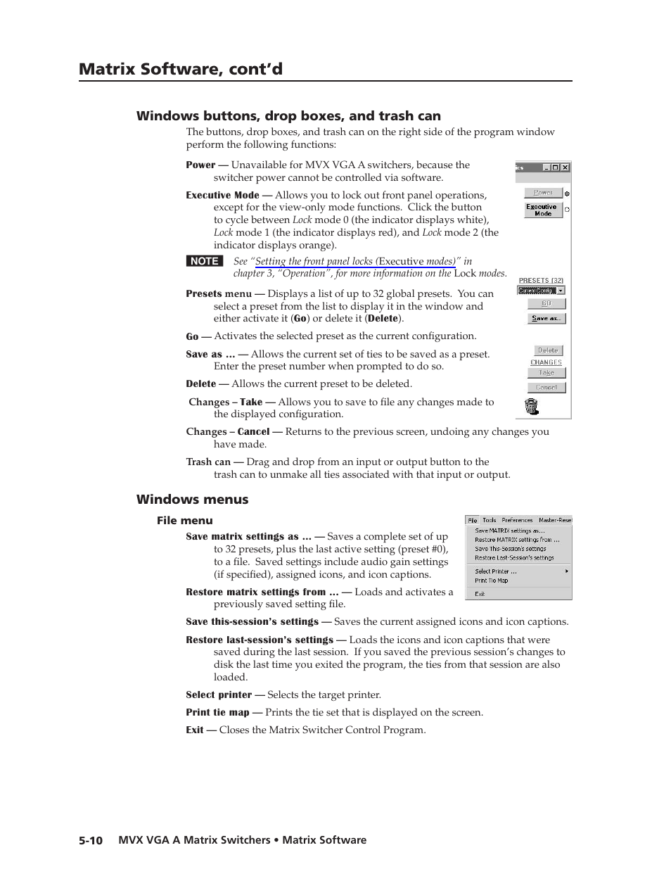 Windows buttons, drop boxes, and trashcan, Windows menus, File menu | File.menu -10, Preliminar y, Matrix software, cont’d | Extron Electronics MVX VGA A User Guide User Manual | Page 91 / 107
