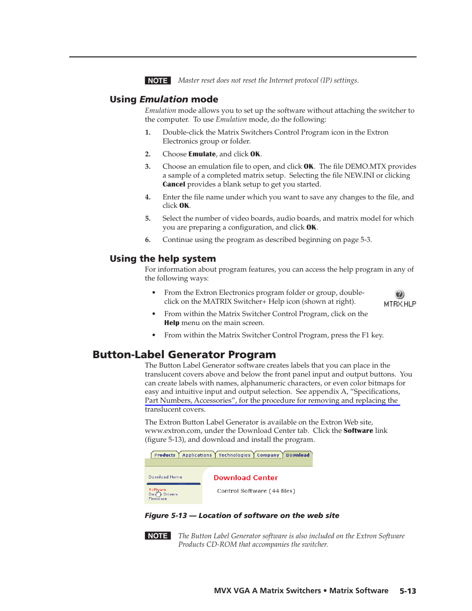 Using emulation mode, Using the help system, Button-label generator program | Matrix software, Preliminar y | Extron Electronics MVX VGA A User Guide User Manual | Page 94 / 107
