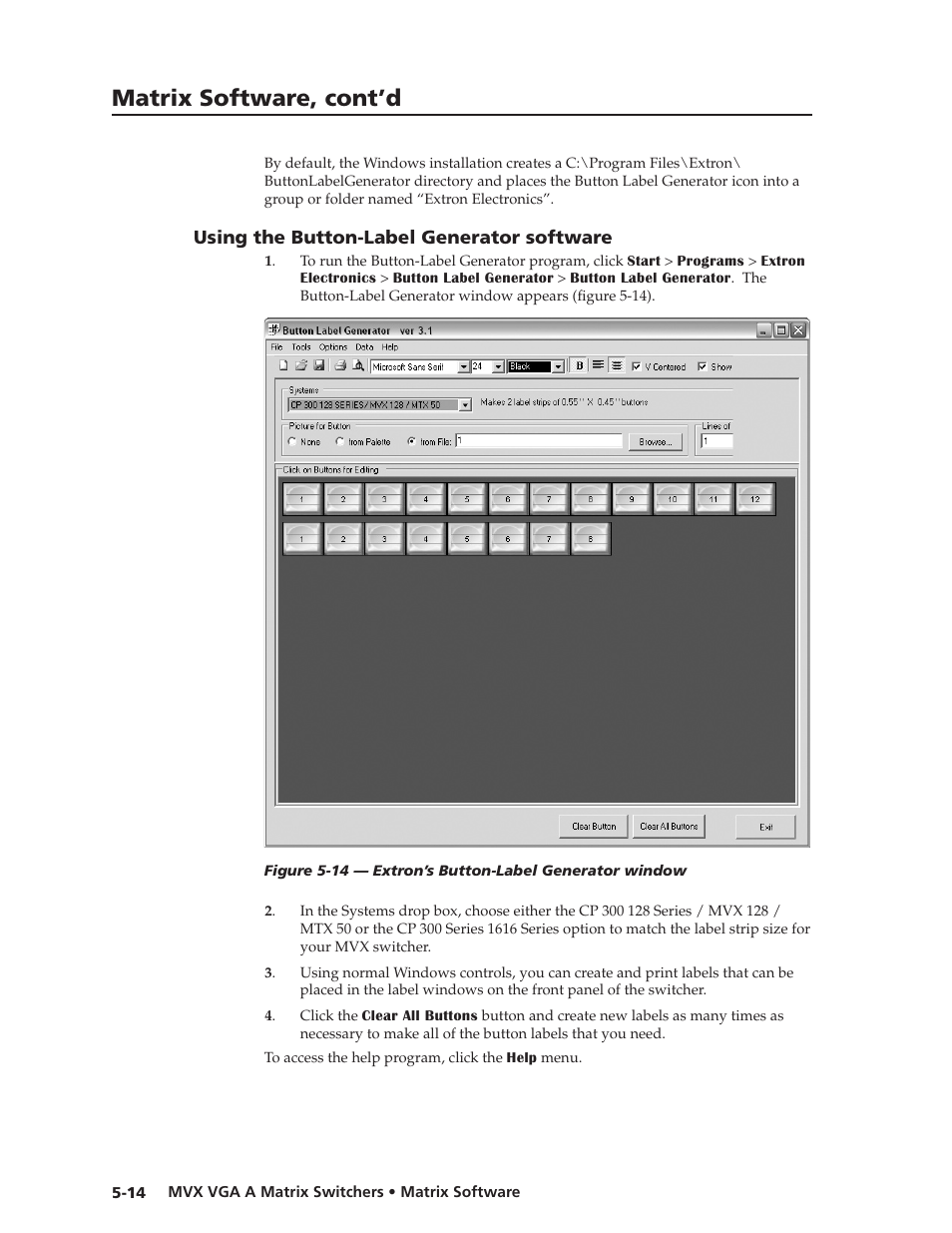 Using the button-label generator software, Using.the.button-label.generator.software -14, Preliminar y | Matrix software, cont’d | Extron Electronics MVX VGA A User Guide User Manual | Page 95 / 107