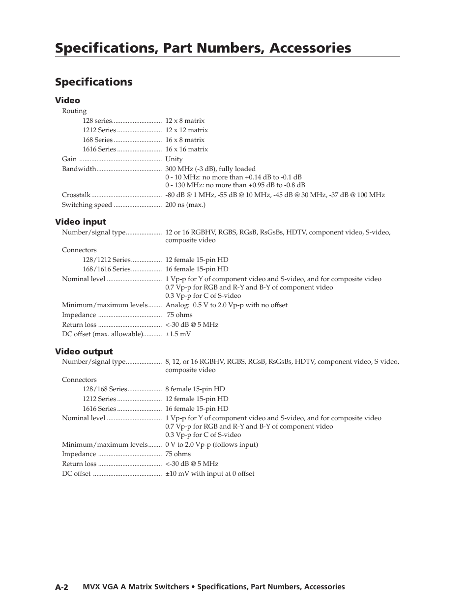 Specifications, Preliminar y, Specifications, part numbers, accessories | Extron Electronics MVX VGA A User Guide User Manual | Page 97 / 107