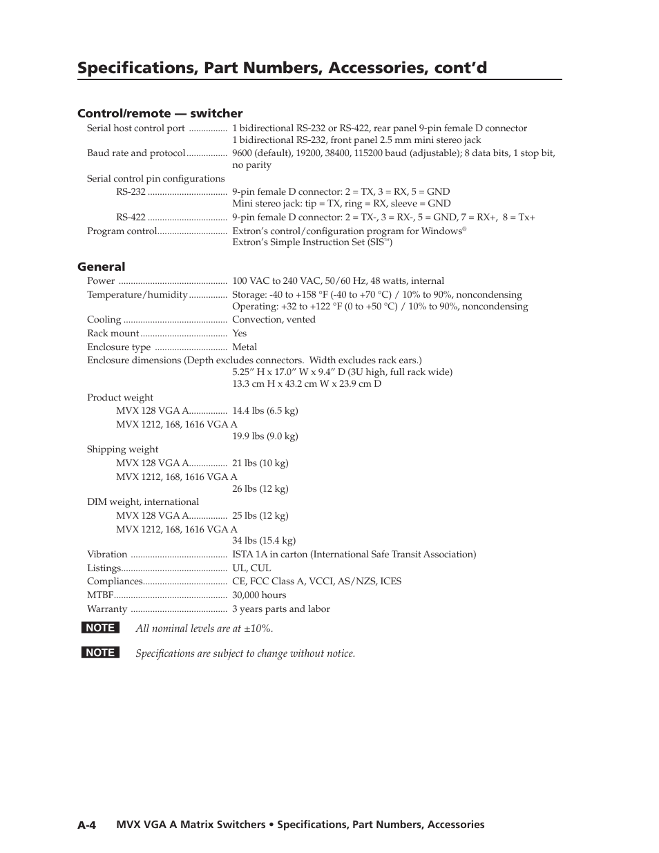 Preliminar y, Specifications, part numbers, accessories, cont’d | Extron Electronics MVX VGA A User Guide User Manual | Page 99 / 107