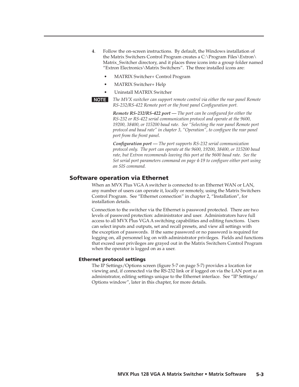 Software operation via ethernet, Ethernet protocol settings, Software.operation.via.ethernet | Ethernet.protocol.settings, Preliminar y | Extron Electronics MVX Plus 128 VGA A User Guide User Manual | Page 101 / 162