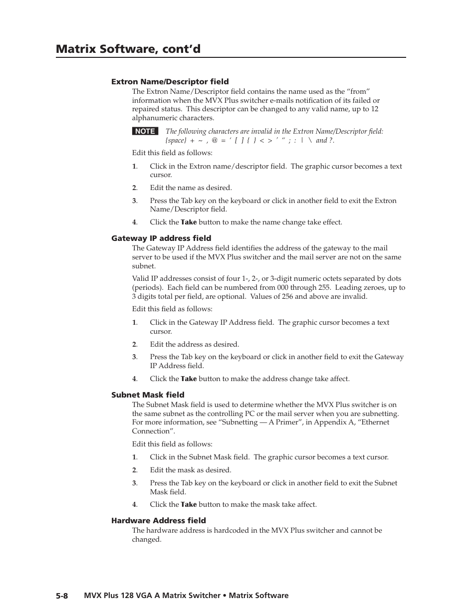 Extron name/descriptor field, Gateway ip address field, Subnet mask field | Hardware address field, Extron.name/descriptor.field, Gateway.ip.address.field, Subnet.mask.field, Hardware.address.field, Preliminar y, Matrix software, cont’d | Extron Electronics MVX Plus 128 VGA A User Guide User Manual | Page 106 / 162