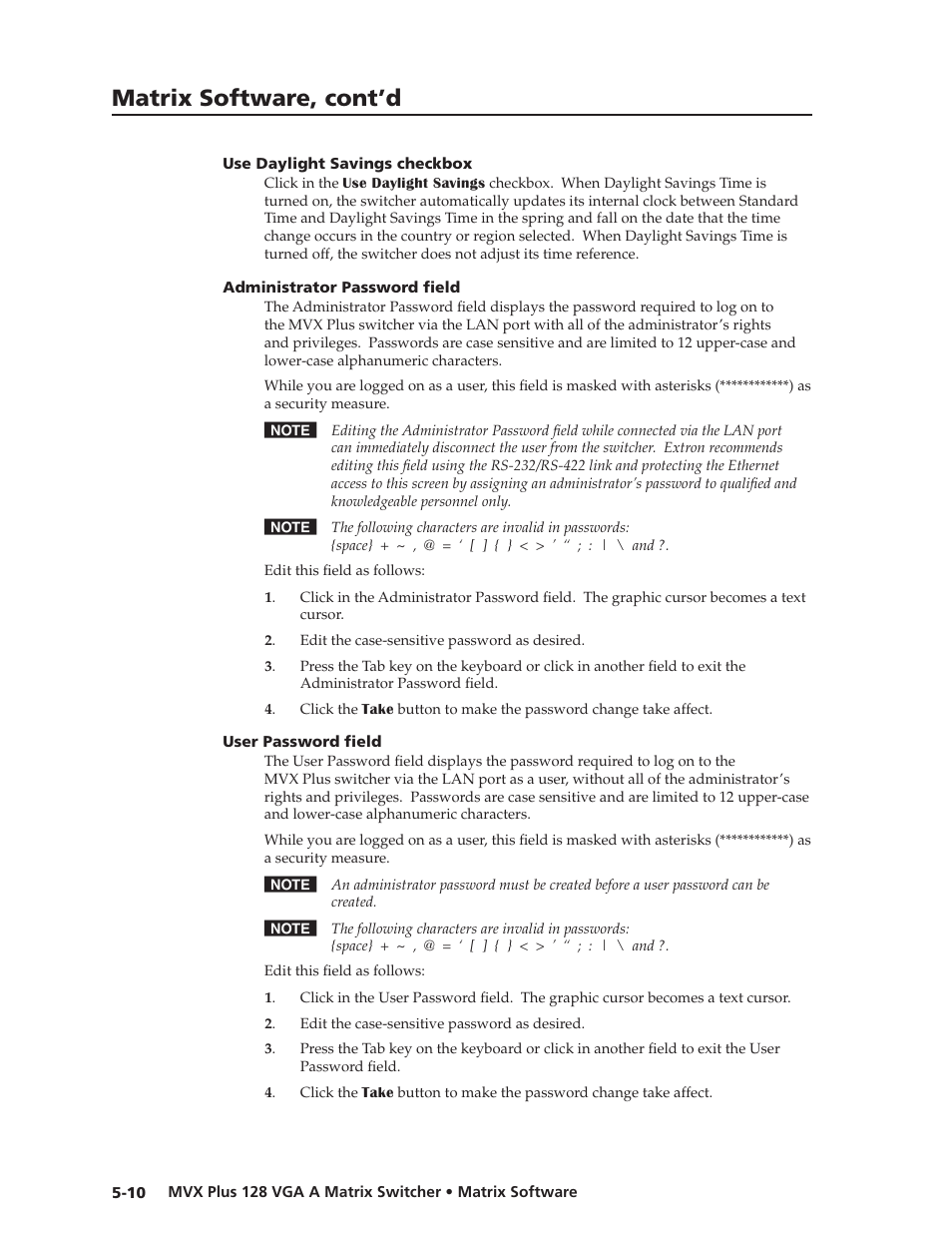 Use daylight savings checkbox, Administrator password field, User password field | Use.daylight.savings.checkbox, Administrator.password.field, User.password.field, Preliminar y, Matrix software, cont’d | Extron Electronics MVX Plus 128 VGA A User Guide User Manual | Page 108 / 162
