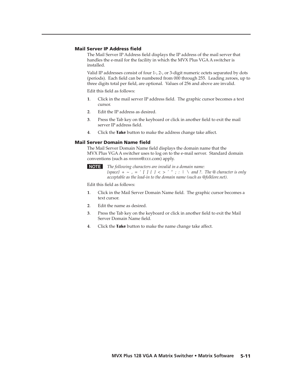 Mail server ip address field, Mail server domain name field, Mail.server.ip.address.field | Mail.server.domain.name.field, Preliminar y | Extron Electronics MVX Plus 128 VGA A User Guide User Manual | Page 109 / 162