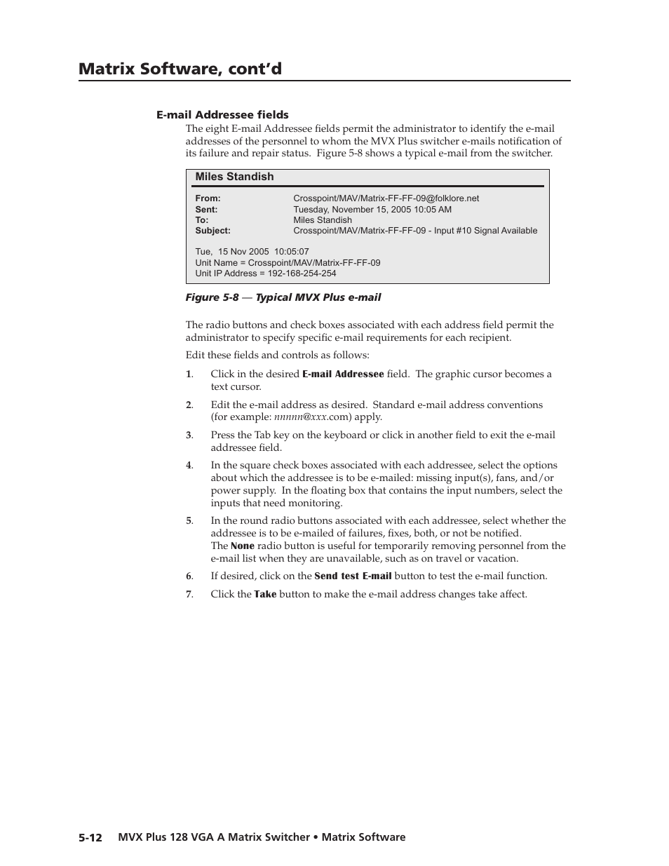 E-mail addressee fields, E-mail.addressee.fields, Preliminar y | Matrix software, cont’d | Extron Electronics MVX Plus 128 VGA A User Guide User Manual | Page 110 / 162