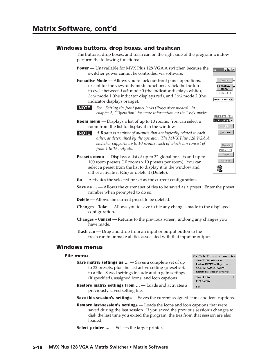 Windows buttons, drop boxes, and trashcan, Windows menus, File menu | Windows.menus, File.menu, Preliminar y, Matrix software, cont’d | Extron Electronics MVX Plus 128 VGA A User Guide User Manual | Page 116 / 162