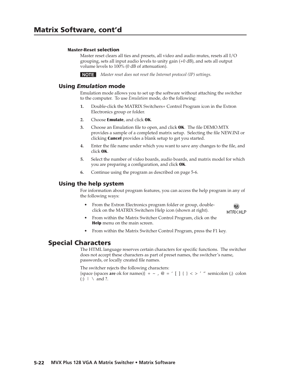 Master-reset selection, Using emulation mode, Using the help system | Special characters, Master-reset .selection, Using. emulation .mode, Using.the.help.system, Preliminar y, Matrix software, cont’d | Extron Electronics MVX Plus 128 VGA A User Guide User Manual | Page 120 / 162