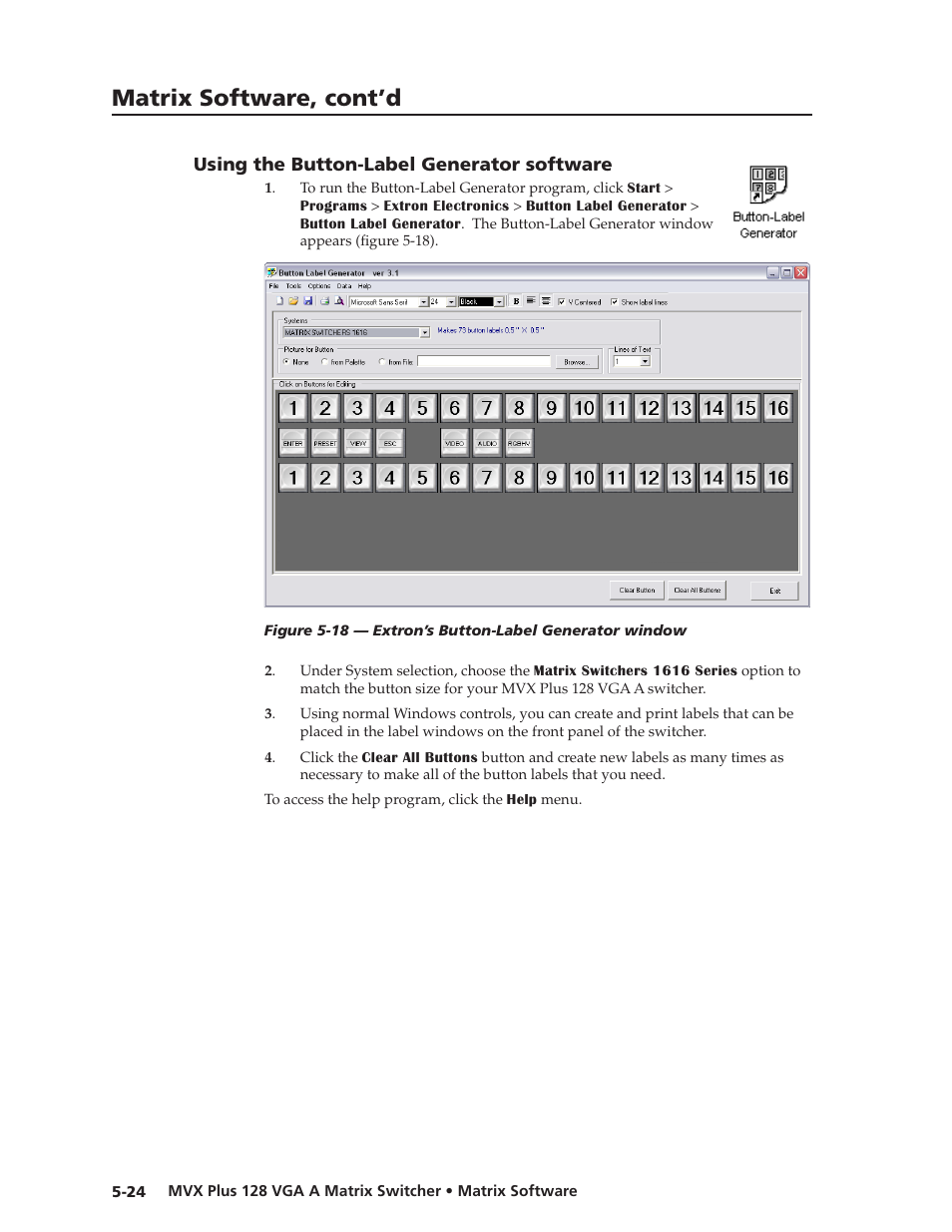 Using the button-label generator software, Using.the.button-label.generator.software, Preliminar y | Matrix software, cont’d | Extron Electronics MVX Plus 128 VGA A User Guide User Manual | Page 122 / 162