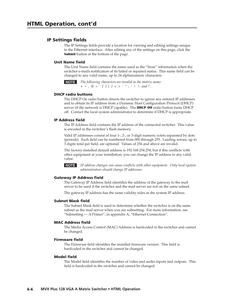 Ip settings fields, Unit name field, Dhcp radio buttons | Ip address field, Gateway ip address field, Subnet mask field, Mac address field, Firmware field, Model field, Ip.settings.fields | Extron Electronics MVX Plus 128 VGA A User Guide User Manual | Page 128 / 162