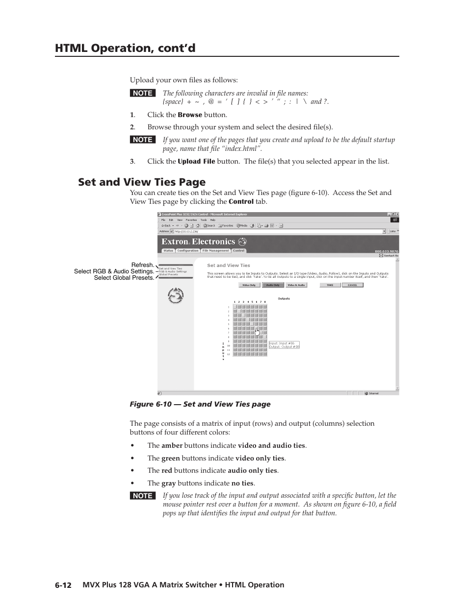 Preliminar y, Html operation, cont’d, Set and view ties page | Extron Electronics MVX Plus 128 VGA A User Guide User Manual | Page 134 / 162
