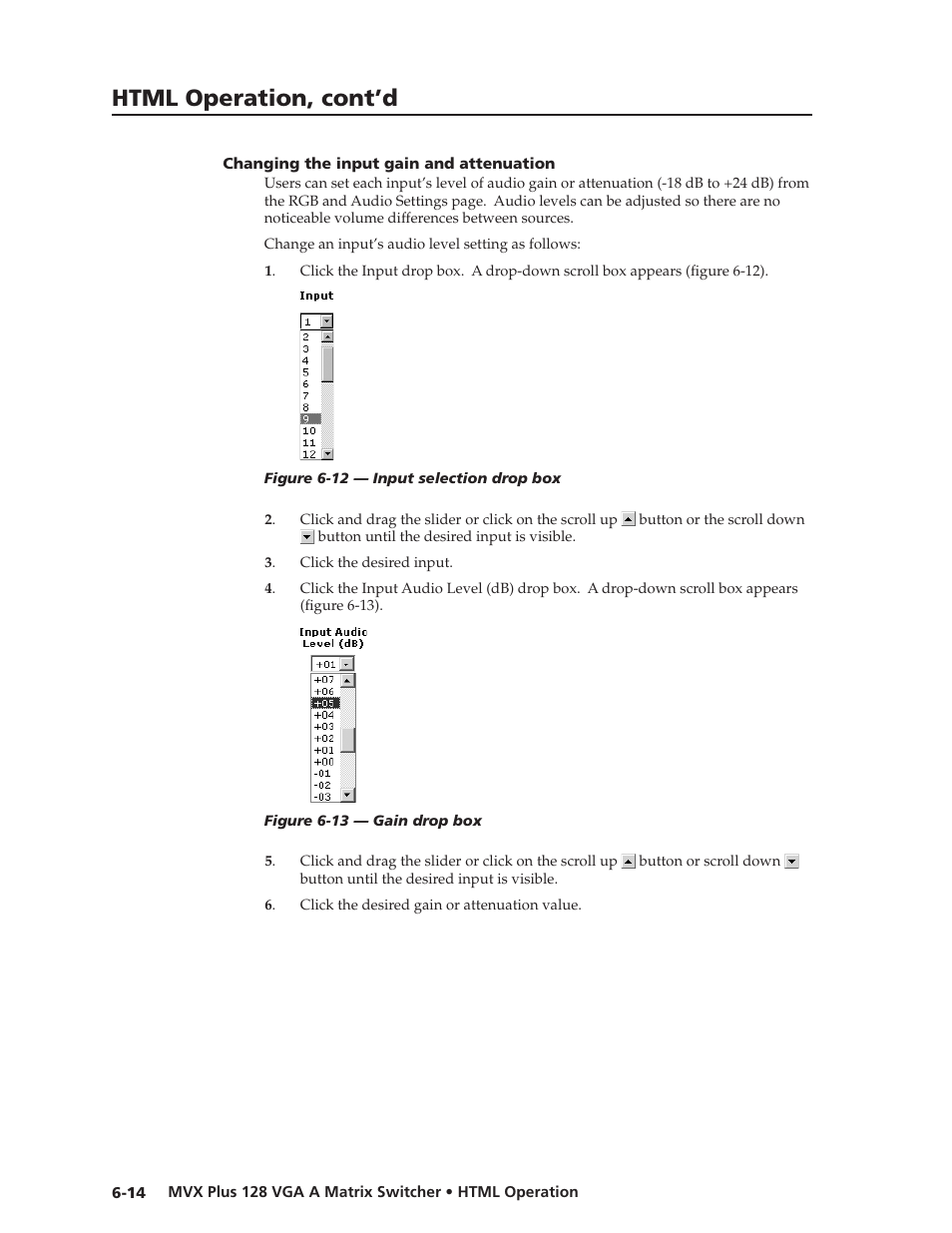 Changing the input gain and attenuation, Changing.the.input.gain.and.attenuation, Preliminar y | Html operation, cont’d | Extron Electronics MVX Plus 128 VGA A User Guide User Manual | Page 136 / 162