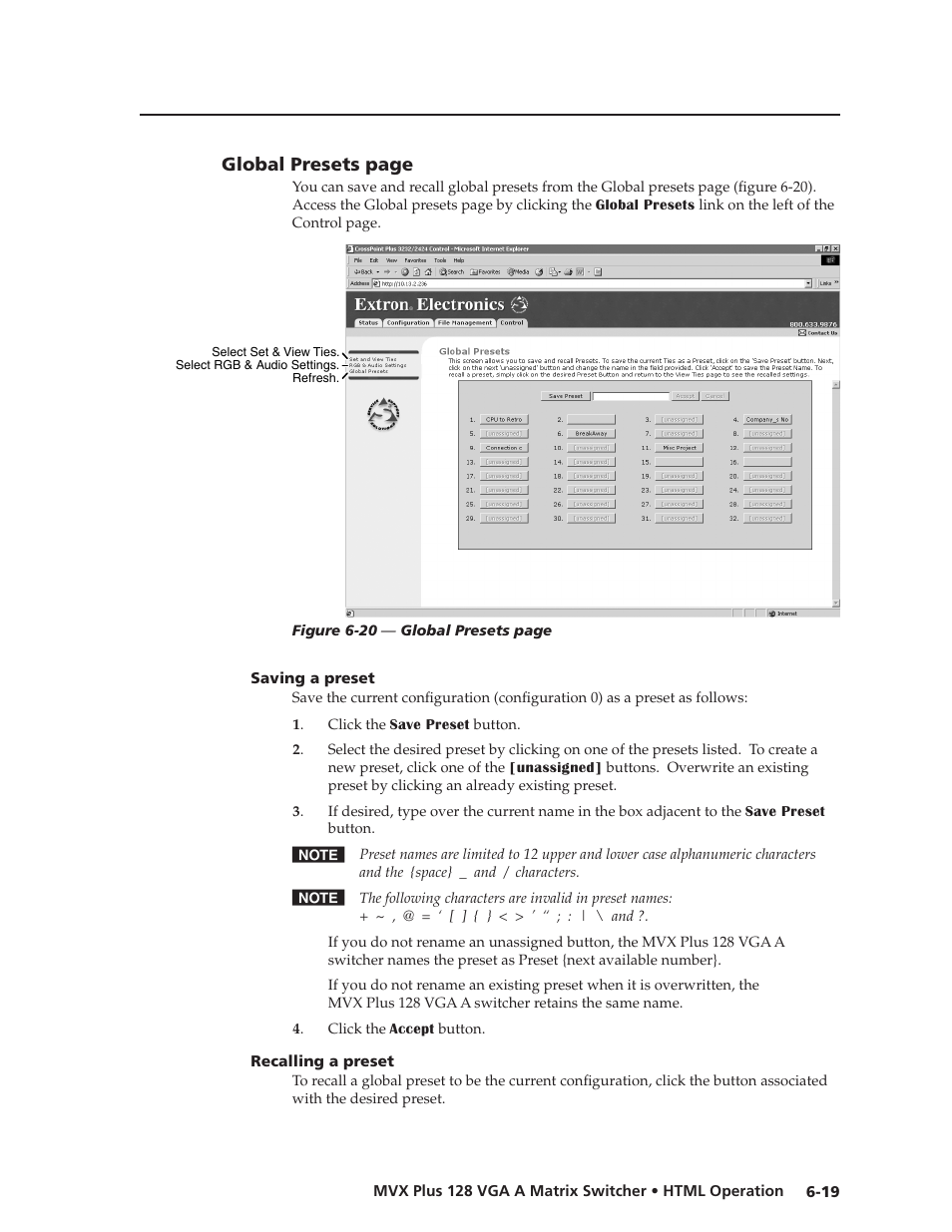 Saving a preset, Recalling a preset, Saving.a.preset | Recalling.a.preset, Preliminar y | Extron Electronics MVX Plus 128 VGA A User Guide User Manual | Page 141 / 162