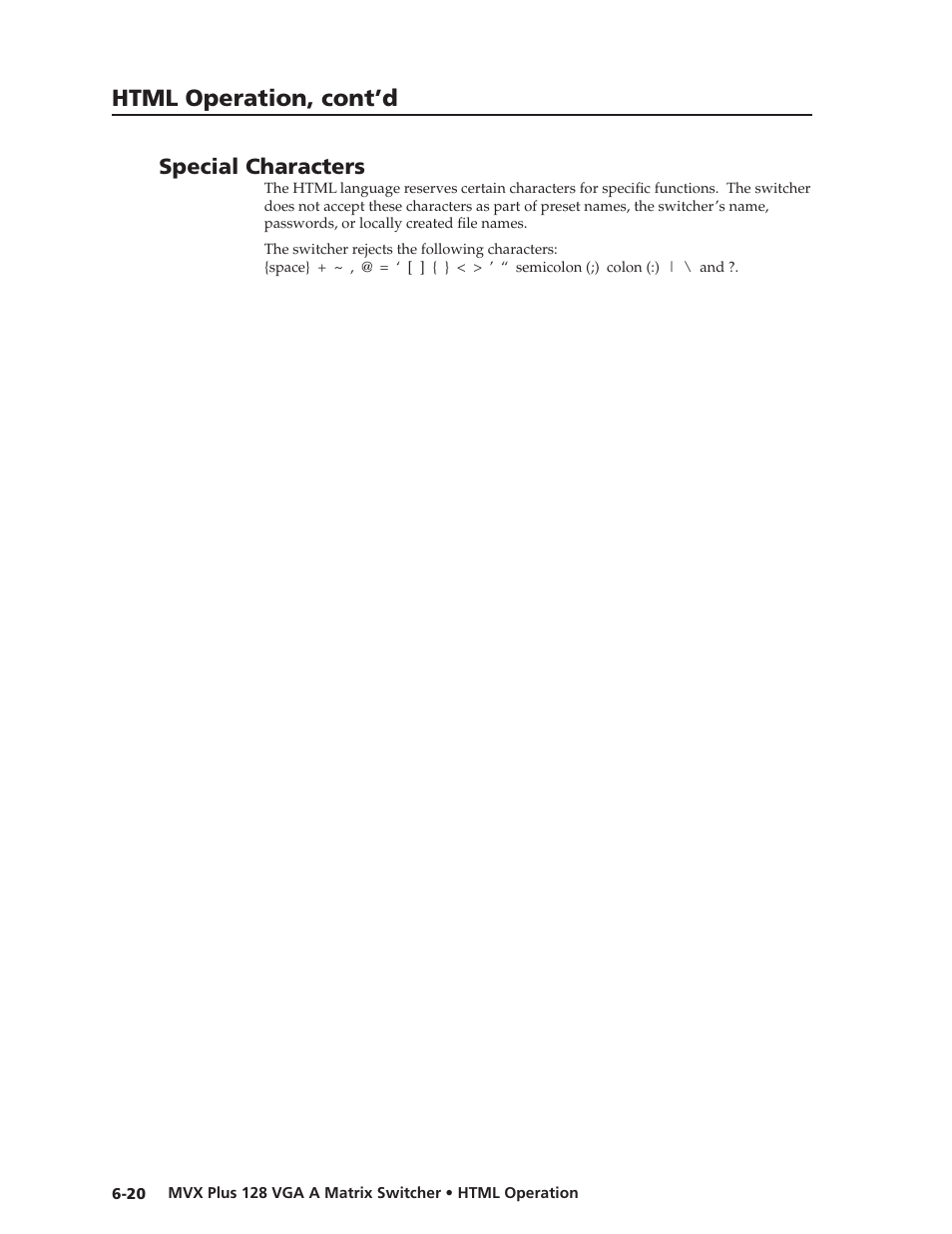 Special characters, Preliminar y | Extron Electronics MVX Plus 128 VGA A User Guide User Manual | Page 142 / 162