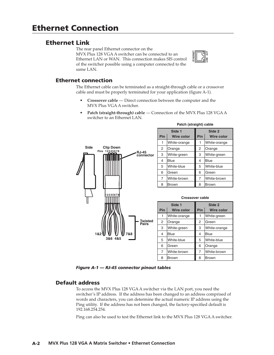 Ethernet link, Ethernet connection, Default address | Ethernet.connection, Default.address, Preliminar y | Extron Electronics MVX Plus 128 VGA A User Guide User Manual | Page 144 / 162