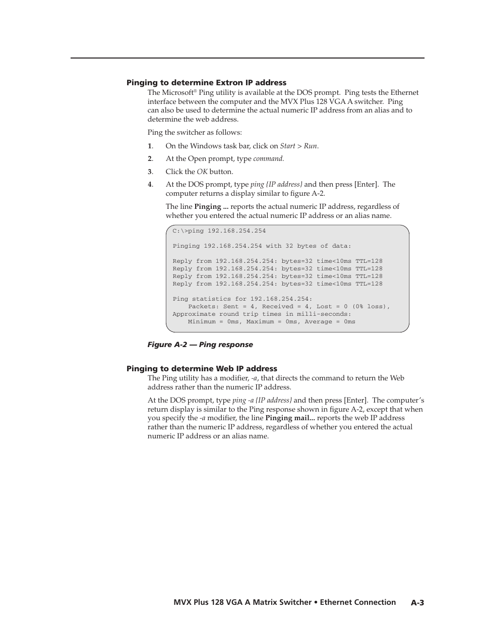 Pinging to determine extron ip address, Pinging to determine web ip address, Pinging.to.determine.extron.ip.address | Pinging.to.determine.web.ip.address, Preliminar y | Extron Electronics MVX Plus 128 VGA A User Guide User Manual | Page 145 / 162