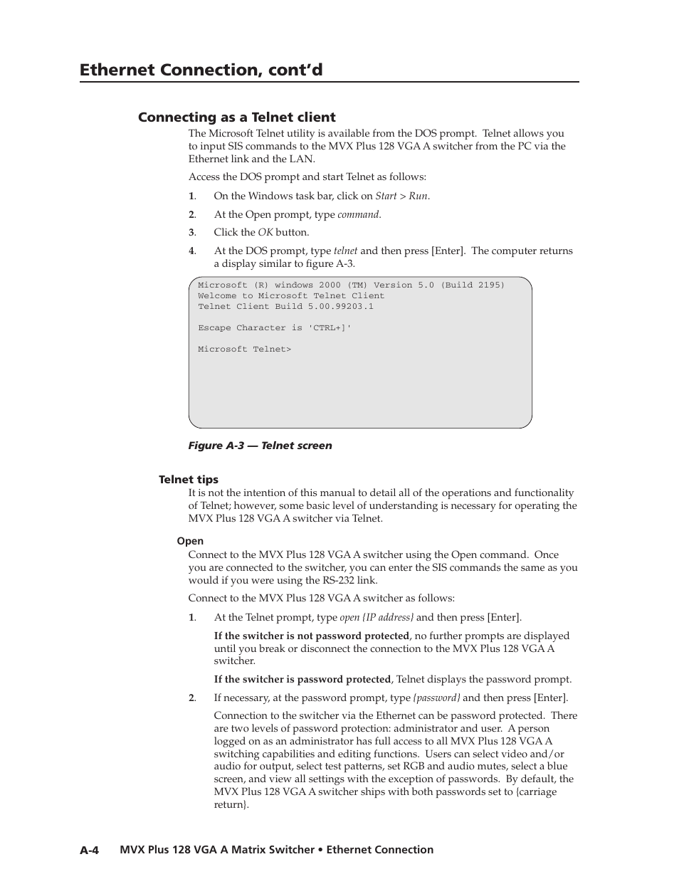 Connecting as a telnet client, Telnet tips, Open | Connecting.as.a.telnet.client, Telnet.tips, Preliminar y, Ethernet connection, cont’d | Extron Electronics MVX Plus 128 VGA A User Guide User Manual | Page 146 / 162
