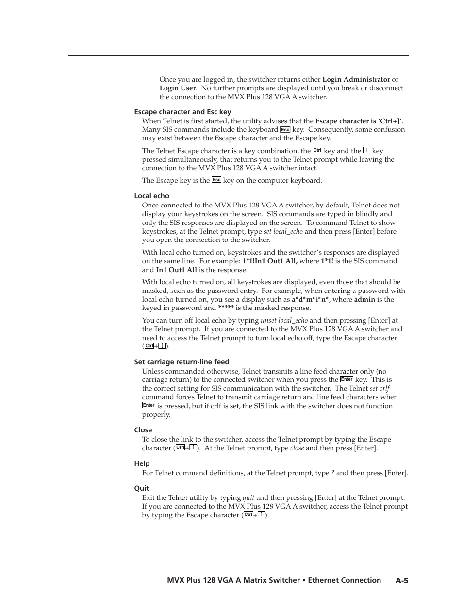 Escape character and esc key, Local echo, Set carriage return-line feed | Close, Help, Quit, Escape.character.and.esc.key, Local.echo, Set.carriage.return-line.feed, Close | Extron Electronics MVX Plus 128 VGA A User Guide User Manual | Page 147 / 162
