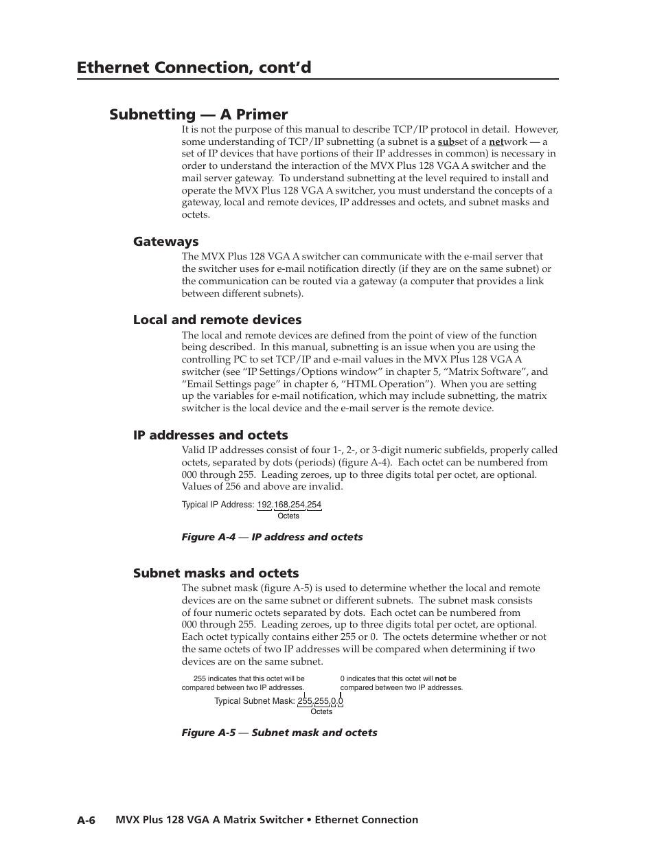 Subnetting — a primer, Gateways, Local and remote devices | Ip addresses and octets, Subnet masks and octets, Local.and.remote.devices, Ip.addresses.and.octets, Subnet.masks.and.octets, Preliminar y, Ethernet connection, cont’d | Extron Electronics MVX Plus 128 VGA A User Guide User Manual | Page 148 / 162