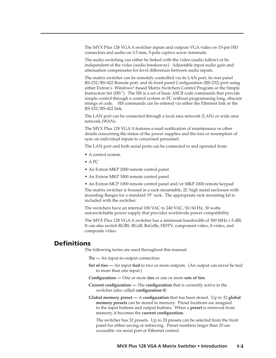 Definitions, Preliminar y | Extron Electronics MVX Plus 128 VGA A User Guide User Manual | Page 15 / 162