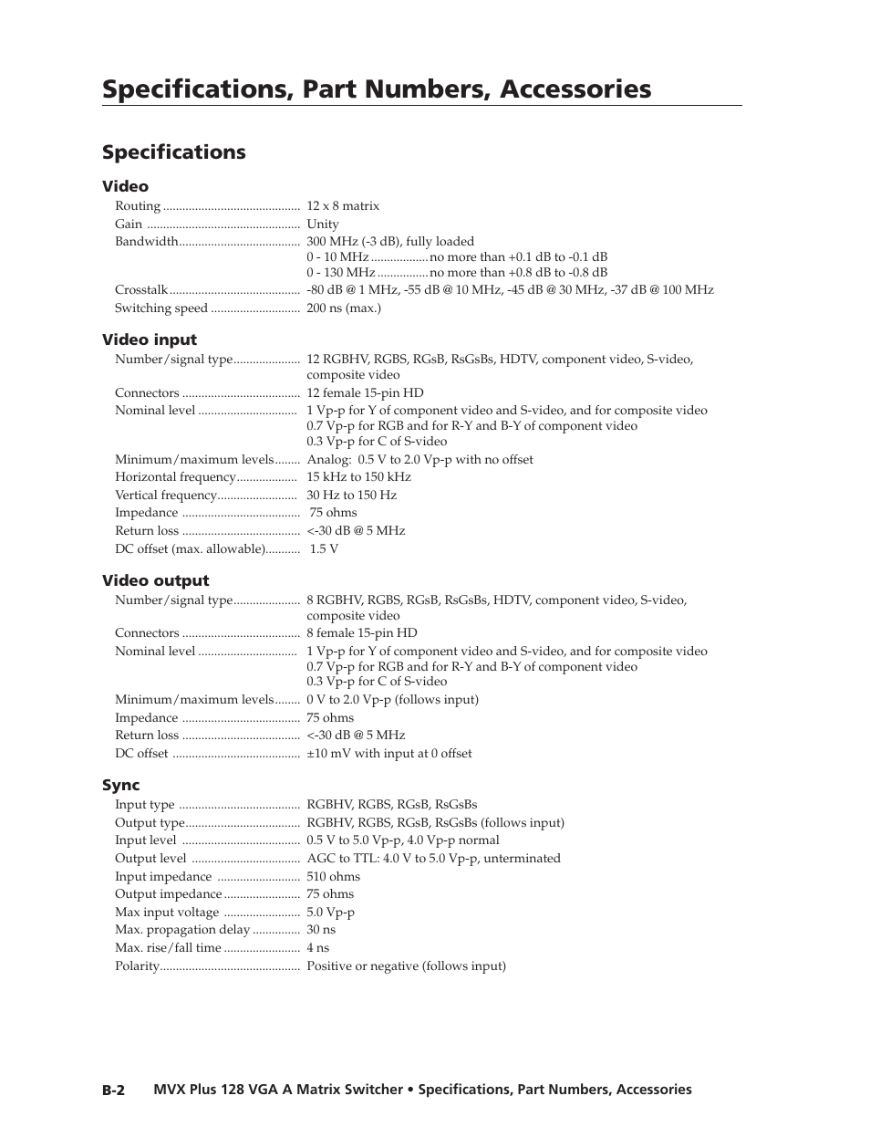 Specifications, Preliminar y, Specifications, part numbers, accessories | Extron Electronics MVX Plus 128 VGA A User Guide User Manual | Page 152 / 162