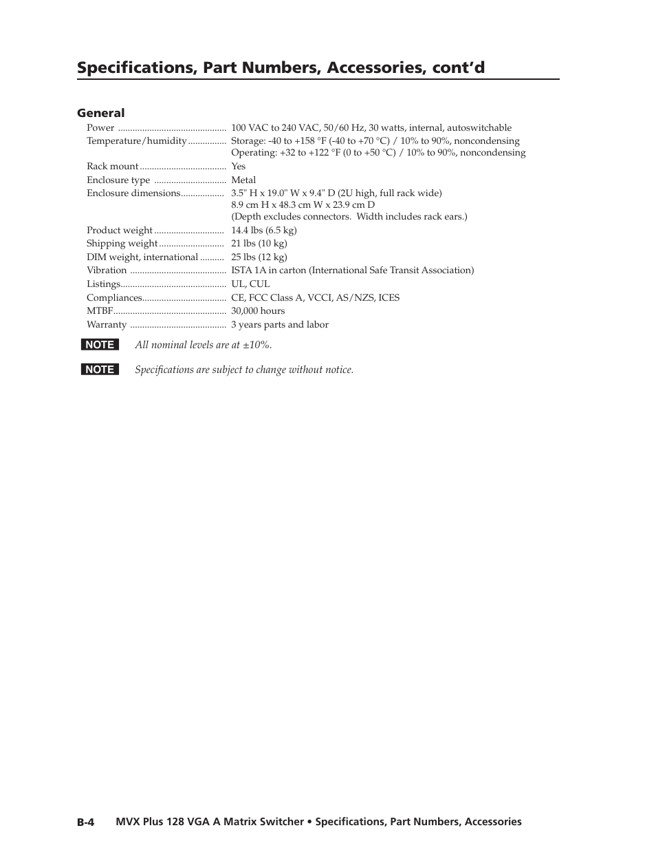 Preliminar y, Specifications, part numbers, accessories, cont’d | Extron Electronics MVX Plus 128 VGA A User Guide User Manual | Page 154 / 162