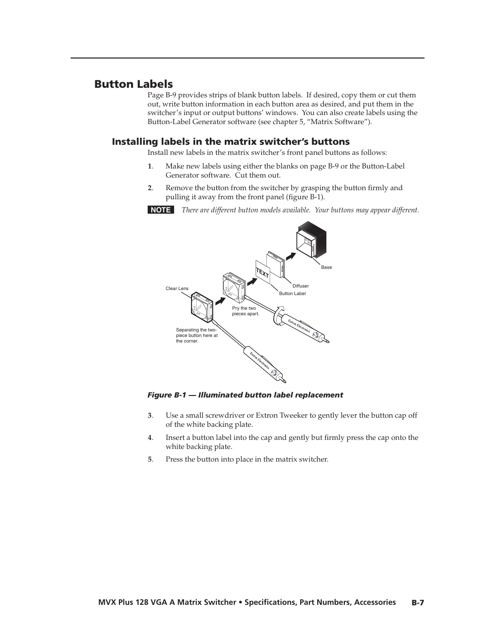 Button labels, Installing labels in the matrix switcher’s buttons, Preliminar y | Extron Electronics MVX Plus 128 VGA A User Guide User Manual | Page 157 / 162