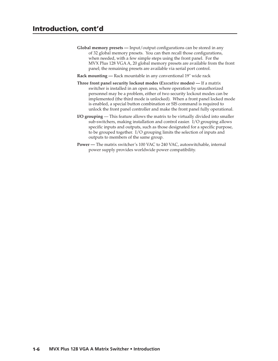Preliminar y, Introduction, cont’d | Extron Electronics MVX Plus 128 VGA A User Guide User Manual | Page 18 / 162