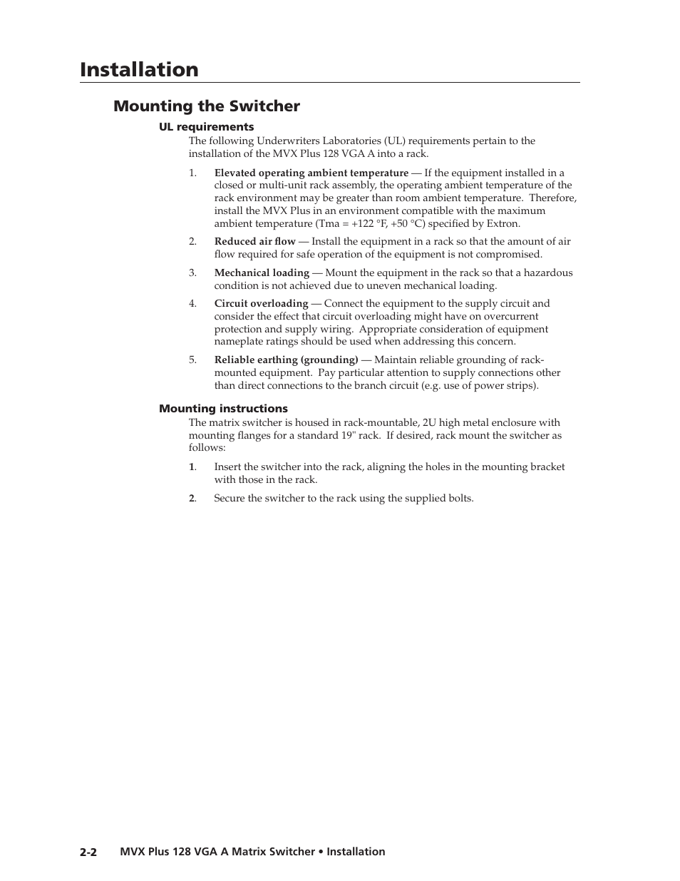 Mounting the switcher, Ul requirements, Mounting instructions | Ul.requirements, Mounting.instructions, Preliminar y, Installation | Extron Electronics MVX Plus 128 VGA A User Guide User Manual | Page 20 / 162