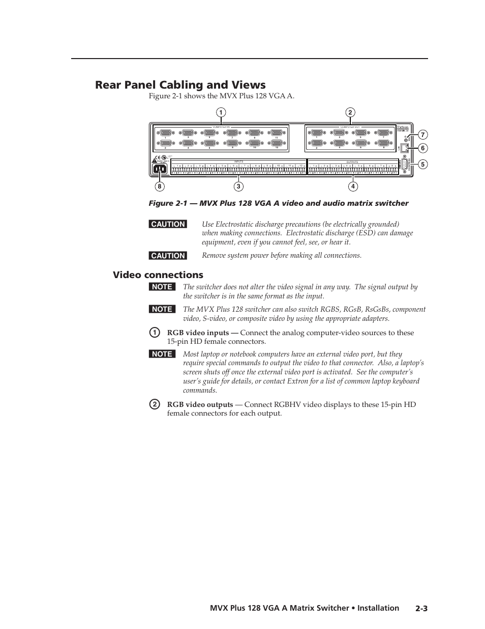 Rear panel cabling and views, Video connections, Video.connections | Preliminar y | Extron Electronics MVX Plus 128 VGA A User Guide User Manual | Page 21 / 162