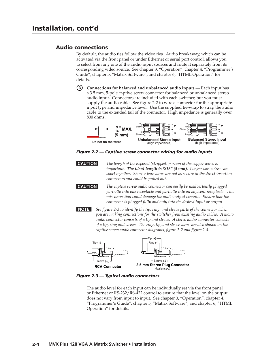 Audio connections, Audio.connections, Preliminar y | Installation, cont’d | Extron Electronics MVX Plus 128 VGA A User Guide User Manual | Page 22 / 162