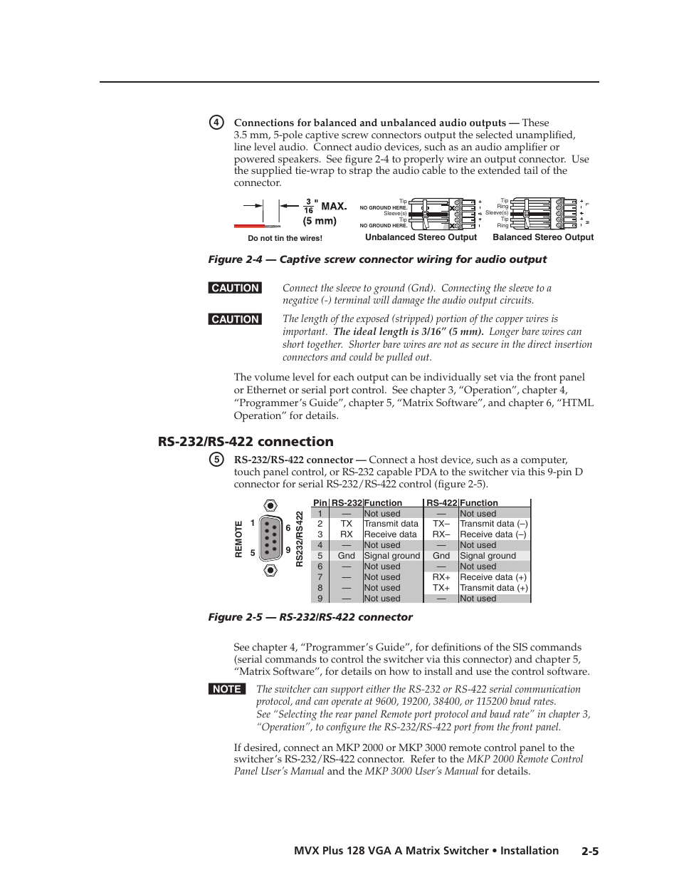 Rs-232/rs-422 connection, Rs-232/rs-422.connection, Preliminar y | Extron Electronics MVX Plus 128 VGA A User Guide User Manual | Page 23 / 162