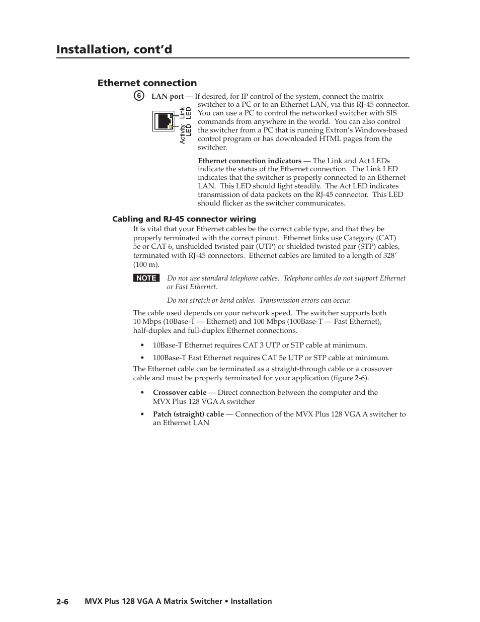 Ethernet connection, Cabling and rj-45 connector wiring, Ethernet.connection | Cabling.and.rj-45.connector.wiring, Preliminar y, Installation, cont’d | Extron Electronics MVX Plus 128 VGA A User Guide User Manual | Page 24 / 162