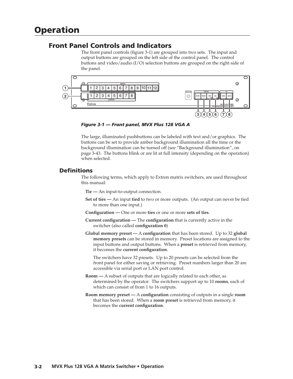 Front panel controls and indicators, Definitions, Preliminar y | Operation | Extron Electronics MVX Plus 128 VGA A User Guide User Manual | Page 28 / 162