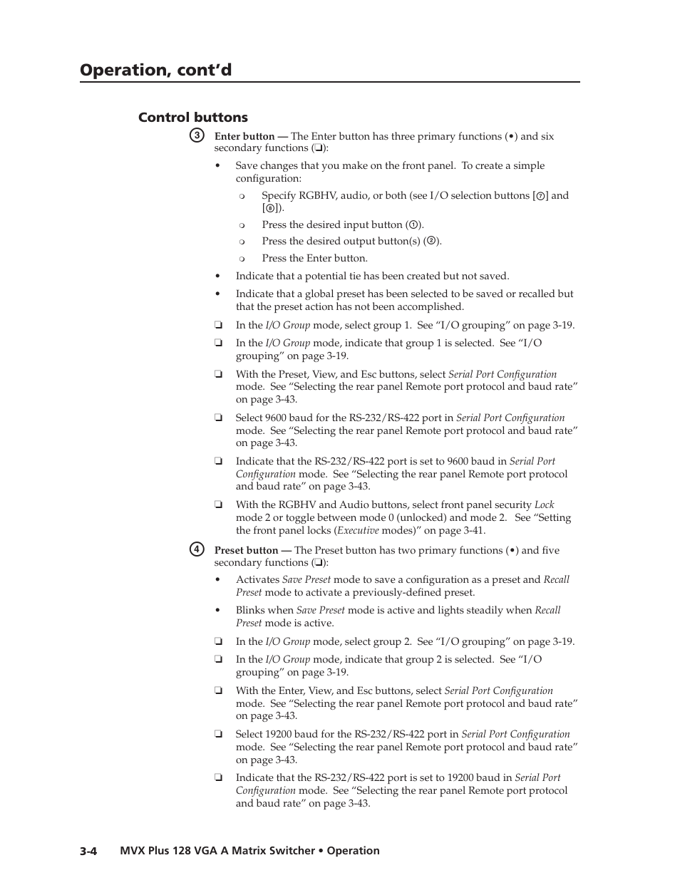 Control buttons, Control.buttons, Preliminar y | Operation, cont’d | Extron Electronics MVX Plus 128 VGA A User Guide User Manual | Page 30 / 162
