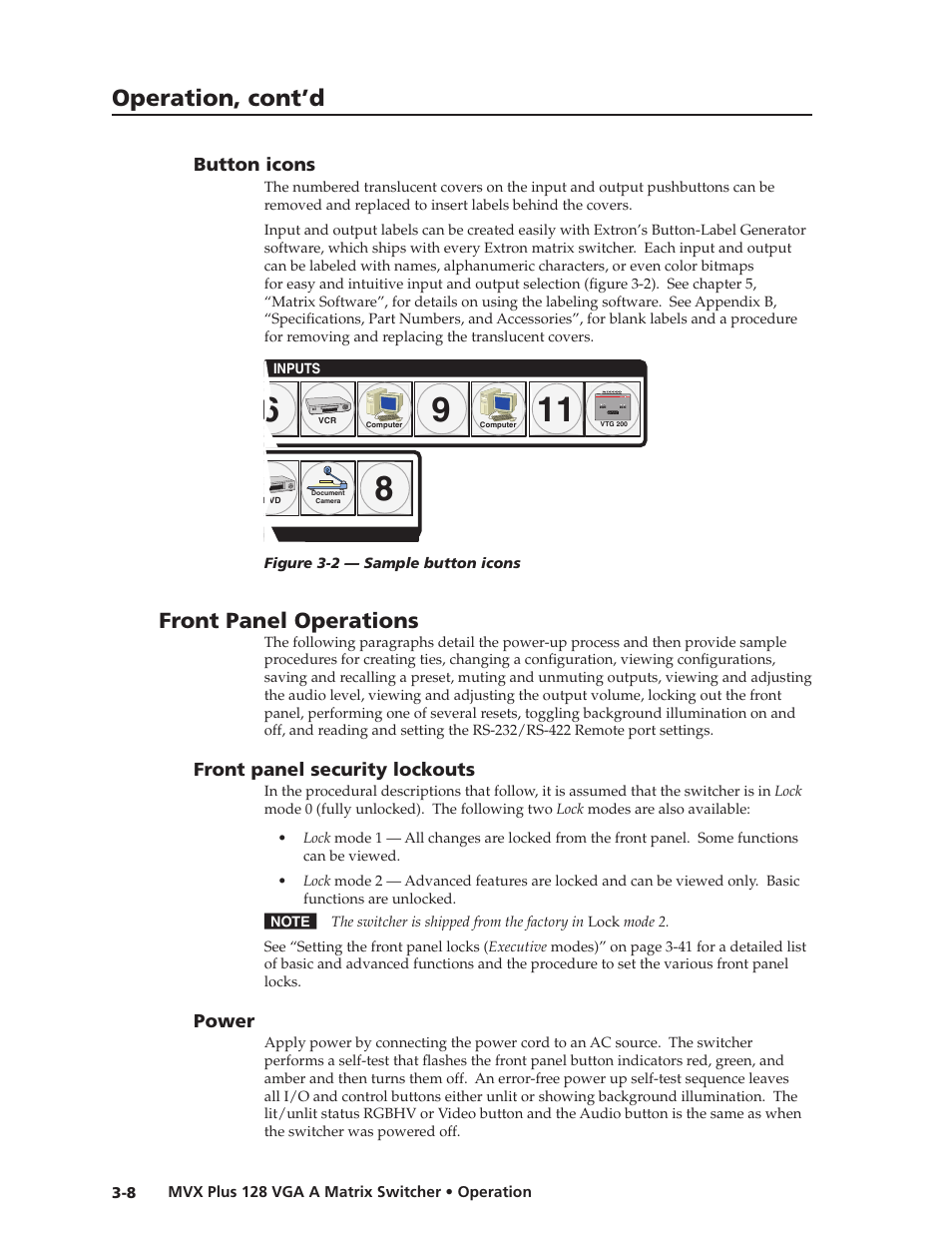 Button icons, Front panel operations, Front panel security lockouts | Power, Button.icons, Front.panel.security.lockouts, Preliminar y, Operation, cont’d | Extron Electronics MVX Plus 128 VGA A User Guide User Manual | Page 34 / 162