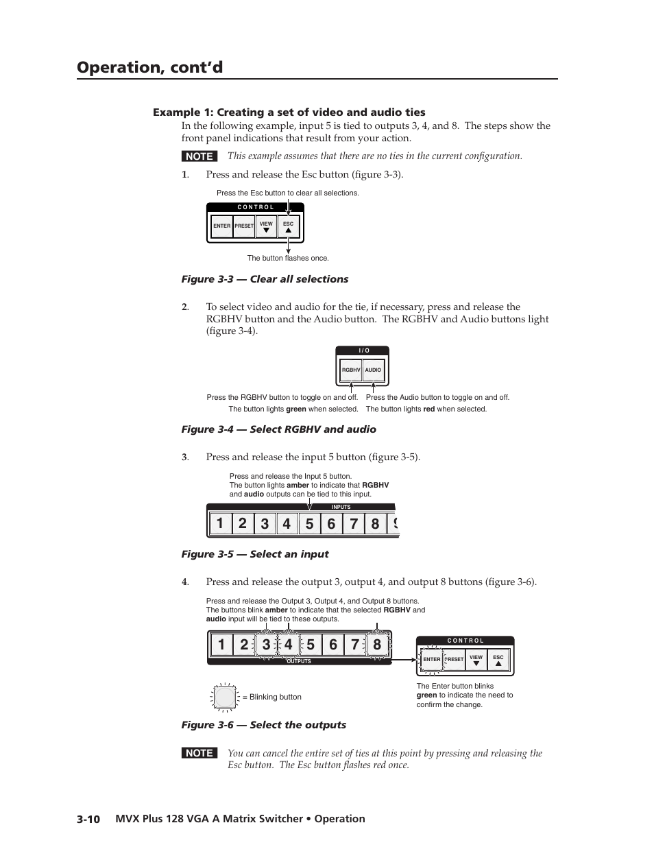 Example 1: creating a set of video and audio ties, Example.1:.creating.a.set.of.video.and.audio.ties, Preliminar y | Operation, cont’d | Extron Electronics MVX Plus 128 VGA A User Guide User Manual | Page 36 / 162