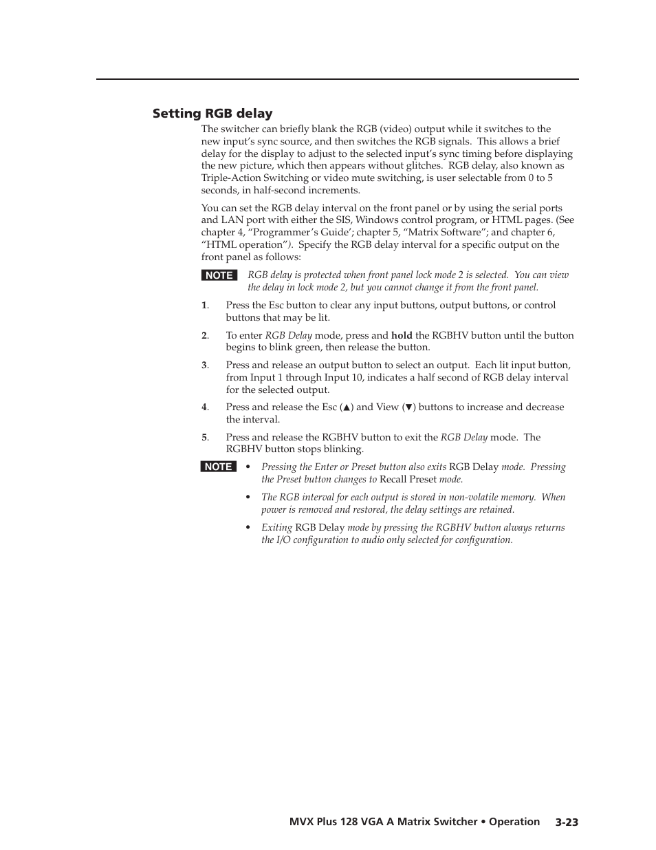 Setting rgb delay, Setting.rgb.delay, Preliminar y | Extron Electronics MVX Plus 128 VGA A User Guide User Manual | Page 49 / 162